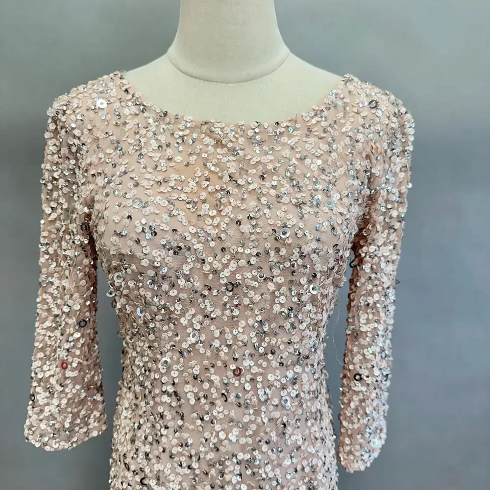 Adrianna Papell 3/4 Sleeve Scoop Back Champagne Sequin‎ Maxi Gown Size 4